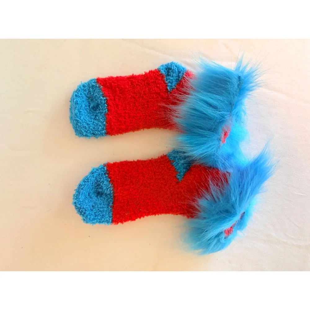 Unbranded Fuzzy Socks Kids Small Red Blue Excellent Faux Fur Trim Dr Seuss Style